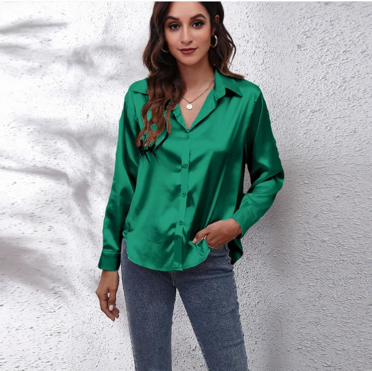 S-XXL Women Blouse Elegant Wine Red Satin Shirt Turn Down Collar Long Sleeve Female Formal Office OL Blouse Women Tops Autumn