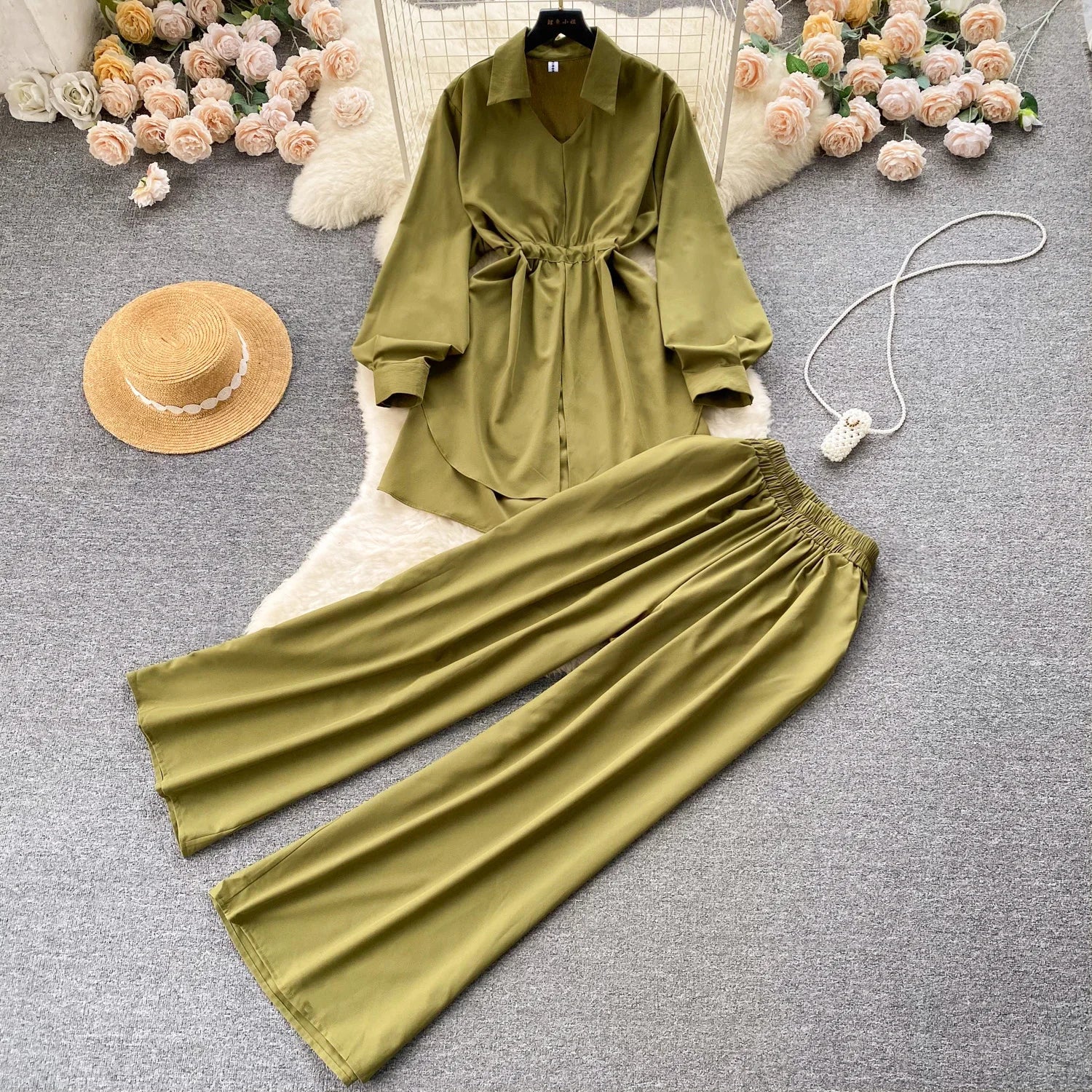 Autumn Korean Loose 2 Piece Set for Women Tunic Top and High Waist Slim Pants Set Ropa Wholesale