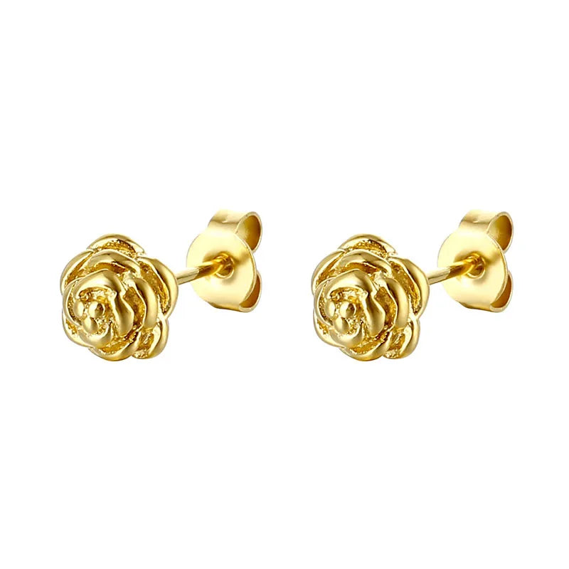 Wholesale Custom 18K Gold Plated Stainless Steel Jewelry Elegant Rose Flower Stud Earrings for Women