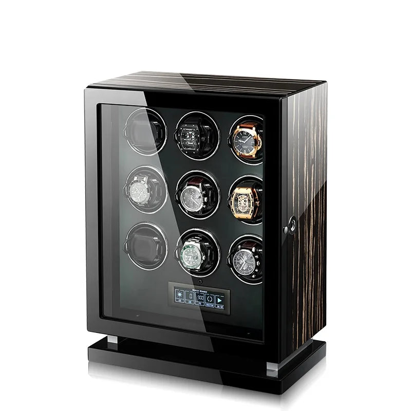 MINEESI Luxury Automatic Watch Winder 9 Slots Mechanical Protective Fingerprint Touch Screen Control Interior Backlight Watch