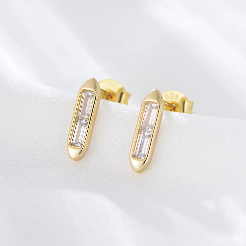 Wholesale Korean Statement Fashion Silver Jewelry 14k Gold Plated Minimalist Cute Geometric Square Bar Inlaid Zircon Earrings