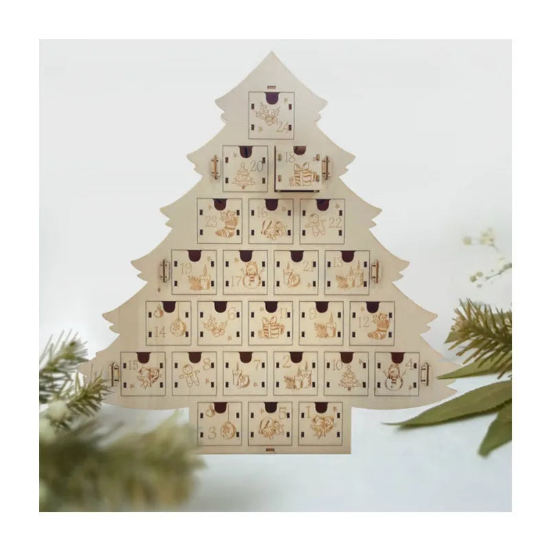 Xmas Gifts Fidget Toy Tree Shape Christmas Countdown Wooden Advent Calendar Empty Drawer 24 Storage Box Decoration