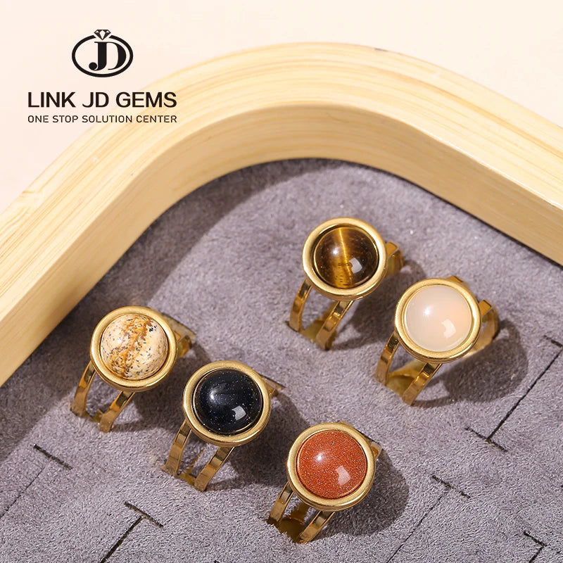 JD Women Vintage Golden Round Cabochon Adjustable Ring Jewelry Natural Stone Agate Quartz Jasper Stainless Steel Open Rings