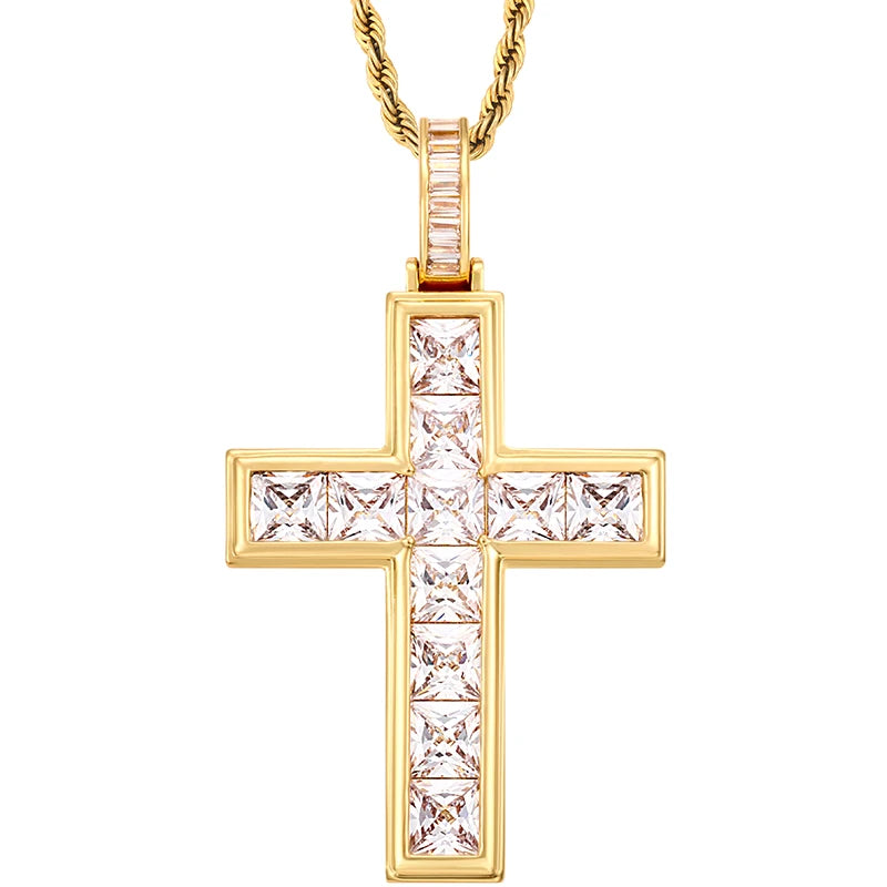 Luxurious Hip Hop Jewelry Gold Plated Brass Cross Pendant Iced Out Princess Cut CZ Diamond Cross Pendant for Men