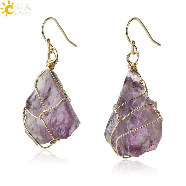CSJA Natural Irregular Raw Crystal Stone Earrings Gold Plated Wire Wrapped Amethyst Gemstone Drop Earring for Women G328