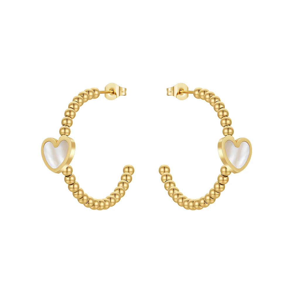Fashion 18K Gold Plated Stainless Steel Jewelry Steel Bead Hoop Earrings White Shell Heart Earring  for Women Earrings E231482