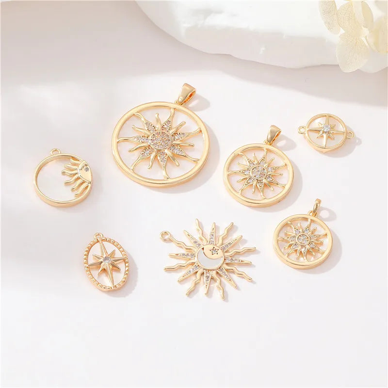 Brass Plated 14K Gold White Shell Micropaved Zircon Pendant Round Star Sun DIY Accessories Jewelry Making Charms