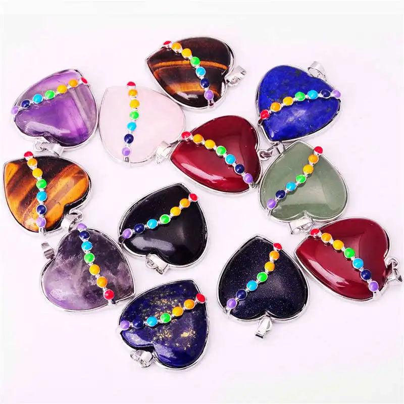 Seven Chakra Gemstone Healing Reiki Diy Heart Necklace Pendant Natural Stone Beads Amethyst Crystal Charm for Making Jewelry