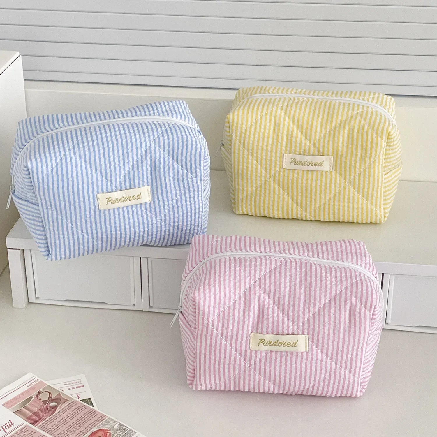 Contrast Color Striped Women's Pillow Cosmetic Cases Quilted Cotton Ladies Makeup Storage Bag Cute Light Female Handbag Clutch