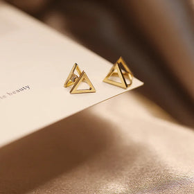 Simple Geometric 14K Gold Plated Pure 925 Sterling Silver Hollow Triangle Stud Earrings for Women Girls Jewelry