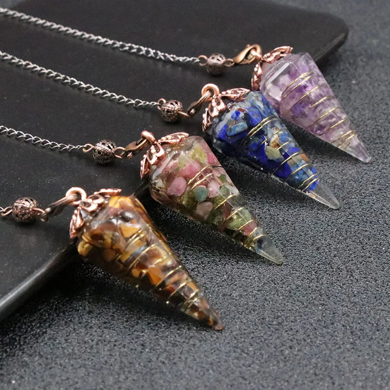 Best Selling Natural Healing Crystals Raw Jade Stone Chips Resin Pendulum Cone Shape Pendant Necklace