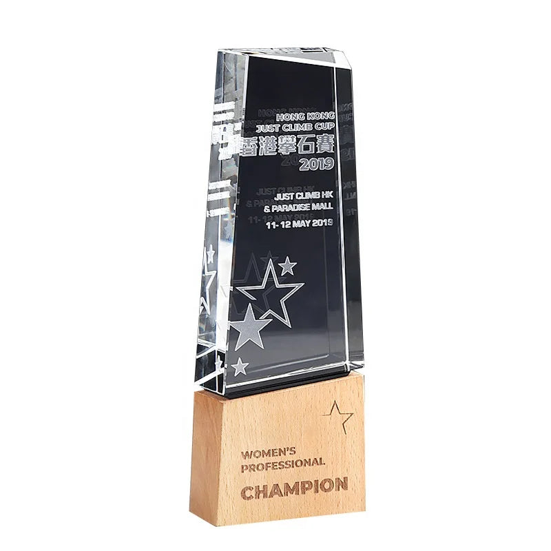 New Design Laser Engraved Wooden Trophies Blank Crystal Glass Awards Honor Medals and Plaque Award for Sublimation Trophy