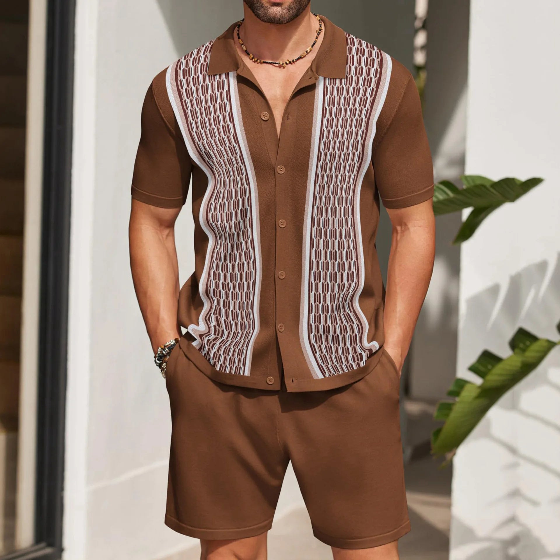 2025 Summer Men Knitwear Set Cool Suits Short Sleeve Shirt + Shorts Lapel Button Knitted Polo Men 2 Piece Set Pant Suits