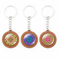 Mandala Handmade Wooden Key Chain Tibetan Buddhism Totem Creative Design Glass Pendant Jewelry Key Ring Carved Keychain