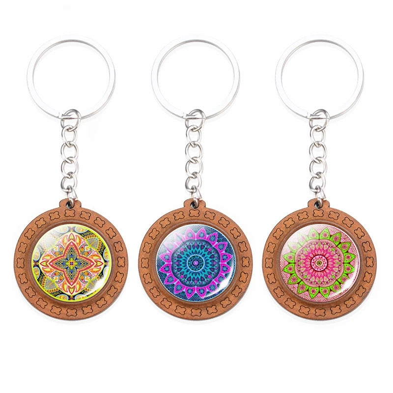 Mandala Handmade Wooden Key Chain Tibetan Buddhism Totem Creative Design Glass Pendant Jewelry Key Ring Carved Keychain