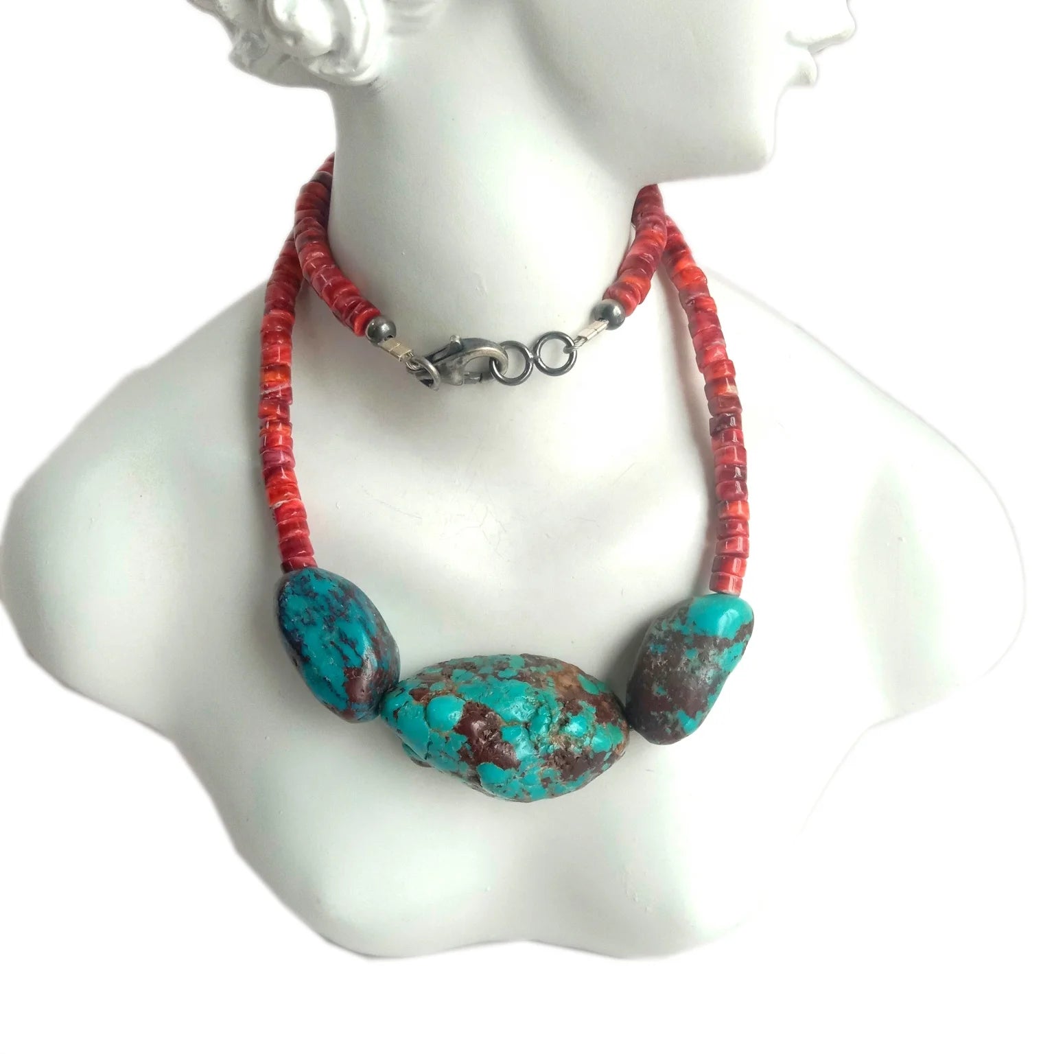 Natural Turquoise spiny oyster Necklace 925 Sterling Silver gemstone jewelry Long Boho Necklace