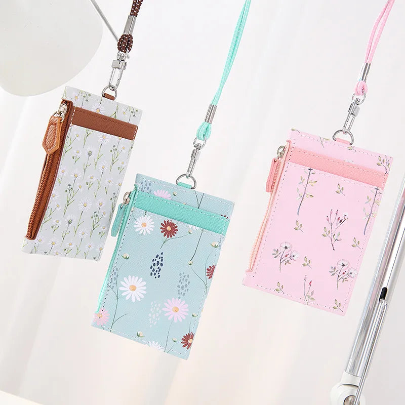 Cartoon Print Leather Short Wallet Student Casual Lanyard Small Coin Purse Pu Slim Thin Business ID Card Bag with Hanging Rope