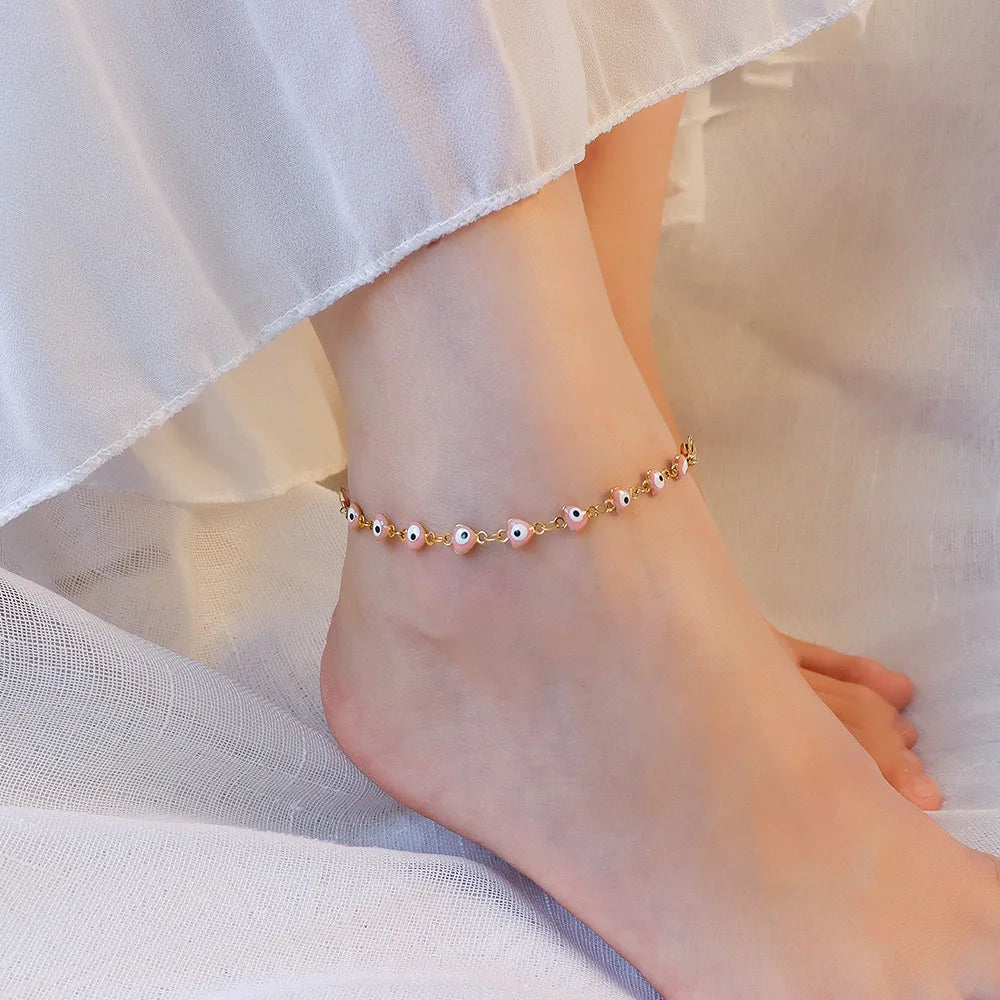 Hot Sale Stainless Steel Pink Dripping Oil Love Heart Anklets Gold Plating Evil Eyes Heart Ankle