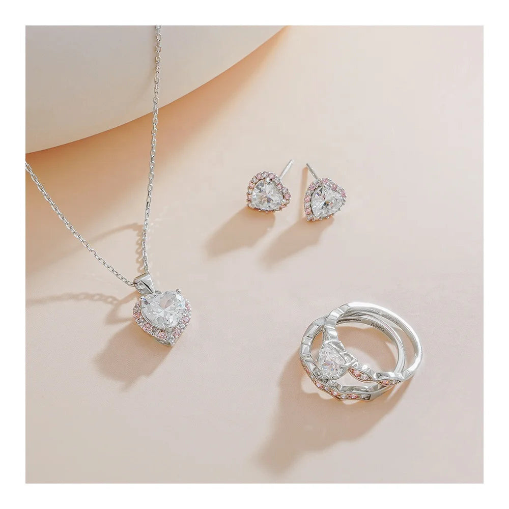 Romantic Wedding 925 Sterling Silver Luxury 5A Zircon Setting Pink Diamond Heart Shape Bridal Jewelry Set for Women