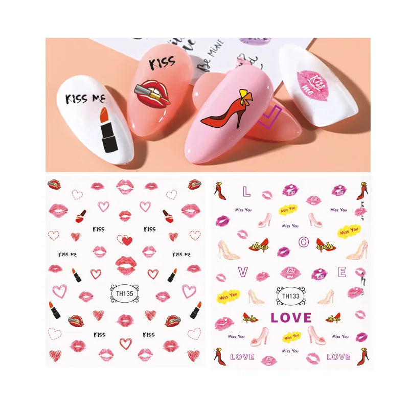 Beautysticker New Arrivals 3D Valentine Nail Art Stickers Lips Heart Lovely Nail Art Decorations Decals