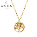 Ason Fashion Jewelry 18K Gold Plated Tree of Life Pendant Family Tree Chain Stainless Steel Round Necklace