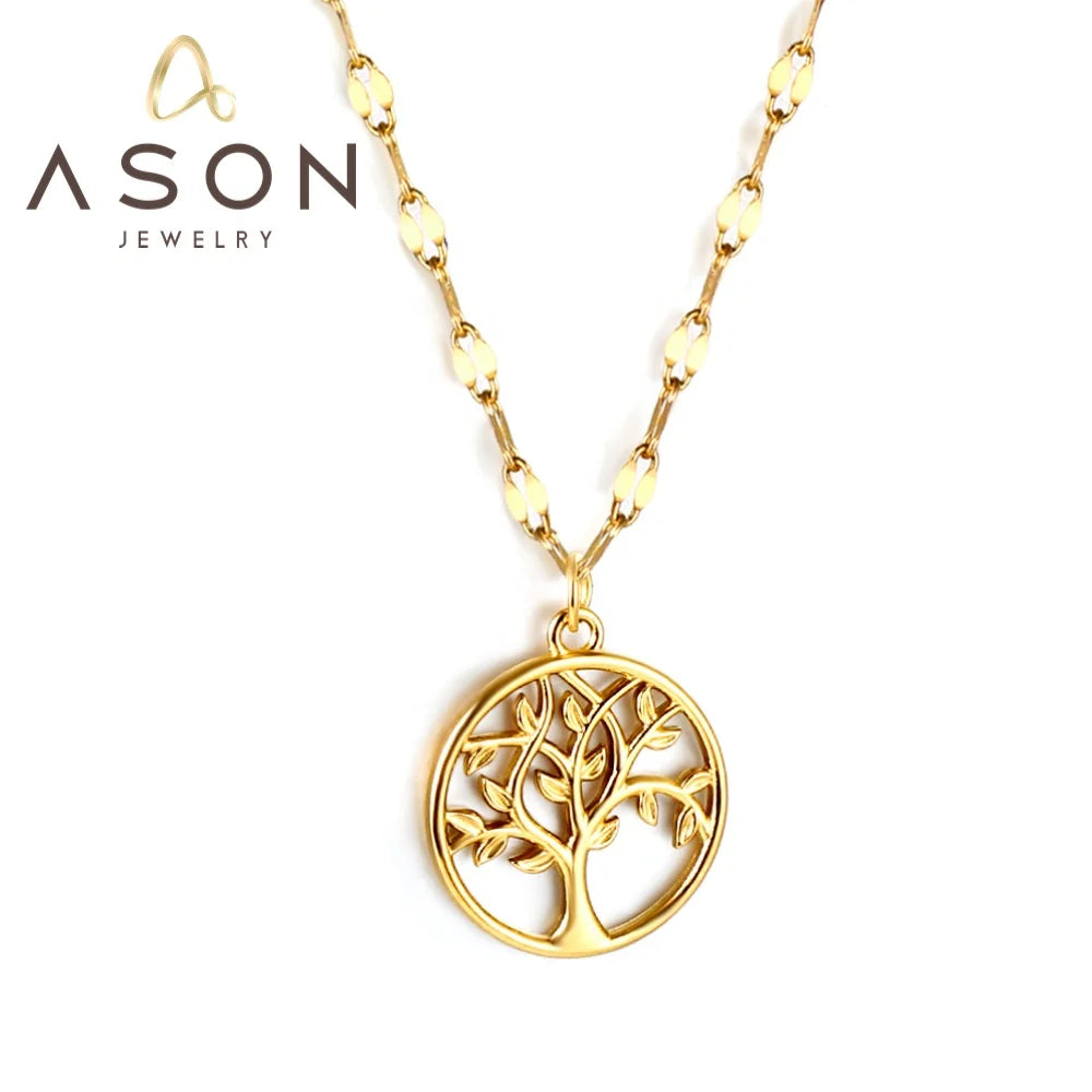 Ason Fashion Jewelry 18K Gold Plated Tree of Life Pendant Family Tree Chain Stainless Steel Round Necklace
