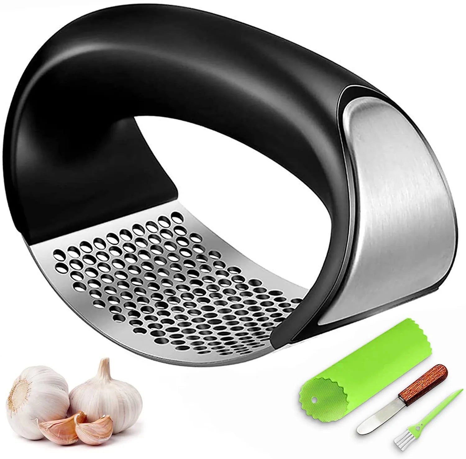 Innovative New Stainless Steel Garlic Press Classic Rocker Mincer Crusher with Peeler and Scraper Metal Garlic Chopper