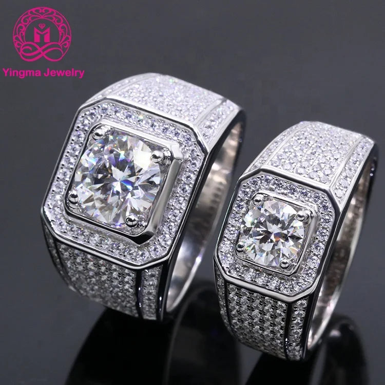 Free Shipping Fashion Men Ring Customized 14k Solid White Gold 1ct 2ct 3 Carats  Super White Moissanite Gold Ring for Man