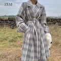 Wholesale Woolen Coat Autumn Contrast Color Plaid Woolen Coat Women's Mid-length Suit Collar Waist Over-the-knee Coat