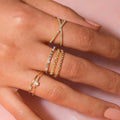 Fashion Waterproof 18K Gold Plated Stainless Steel Rings Cross Pave Two Circle Dianty White Diamond Gemstone Ring for Women