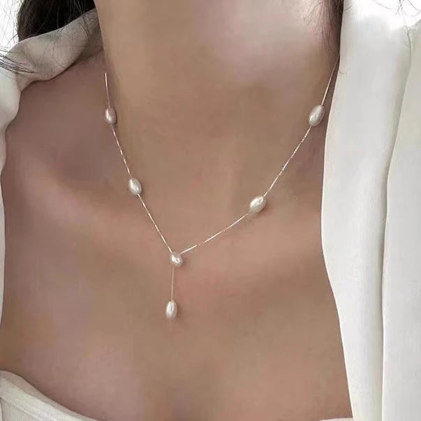 Vintage Friends Rachel Style Y-Shape Necklace and Earring Set Natural Freshwater White Pearl Elegant Retro Jewelry