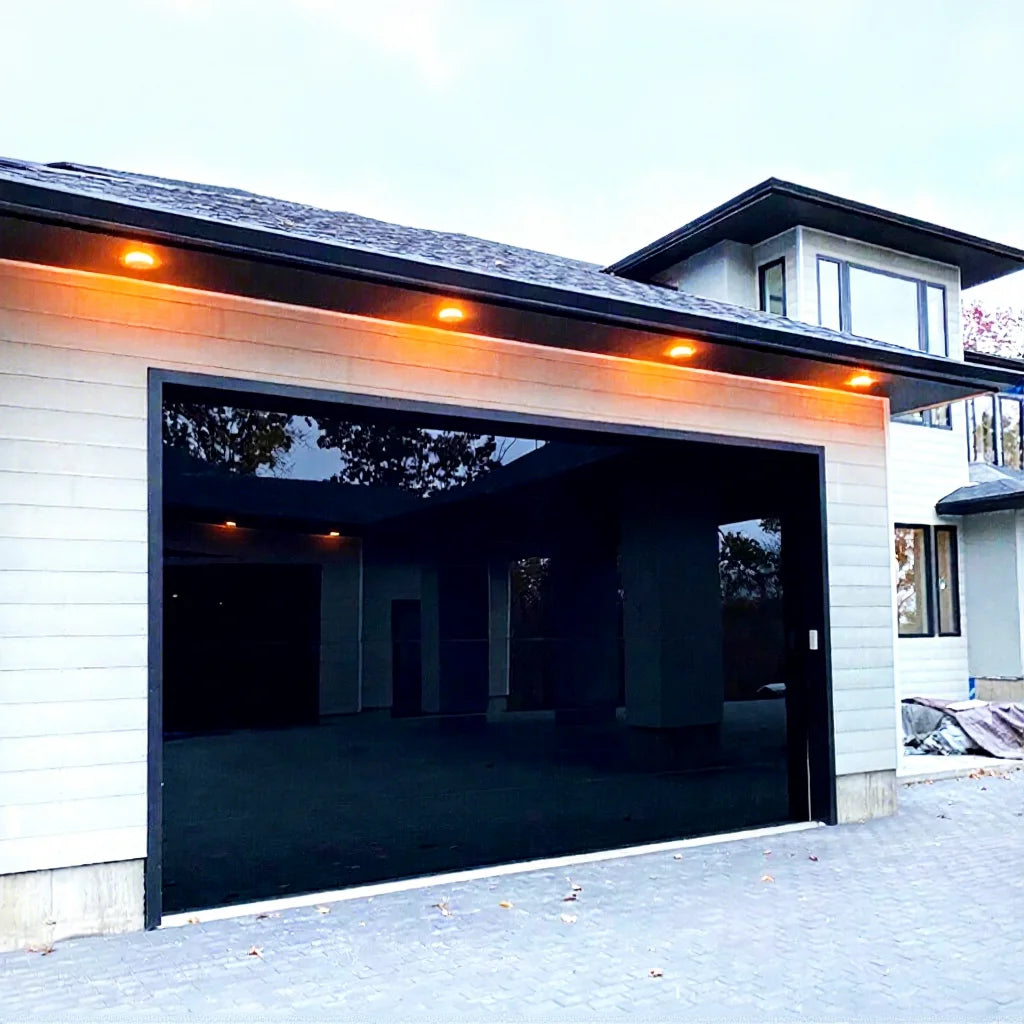 High-End Luxury Modern Style Finished Overhead Sliding Glass Panel Frosted Plexiglass Garage Door with Pedestrian Door for Home