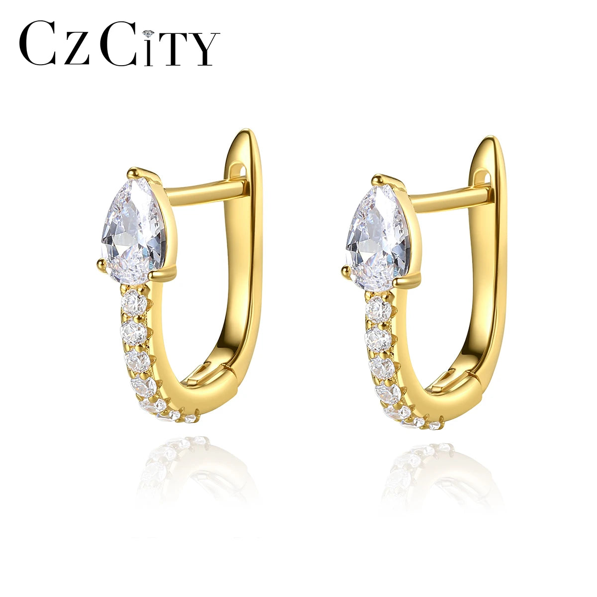 CZCITY Fashion U Shaped  Silver Sterling Women with Gold Plated Cubic Zirconia Huggie Clip on Earrings