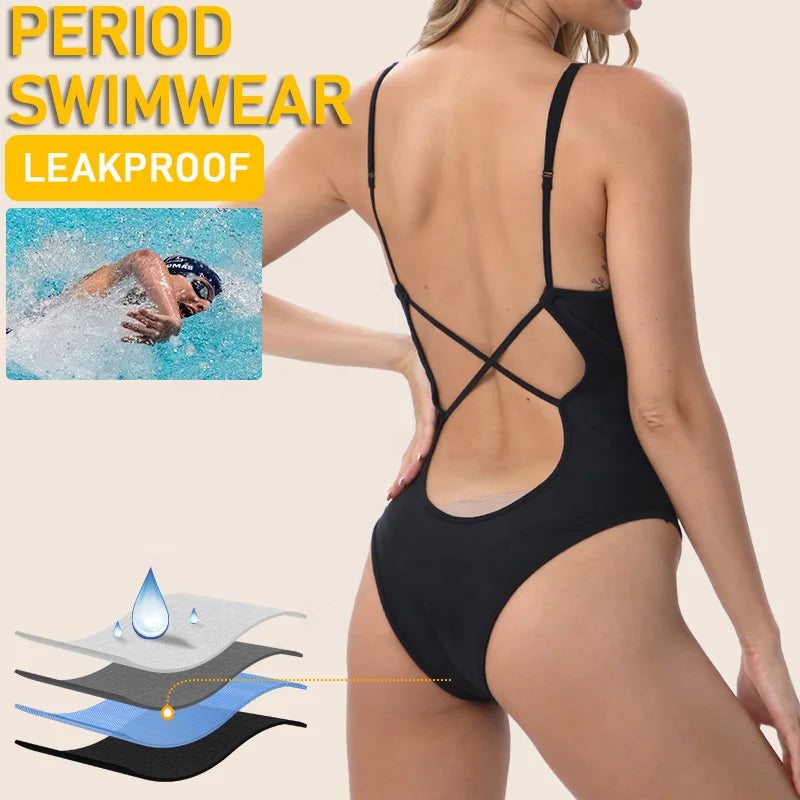 Backless Period Swimsuit Beachwear One Piece Postpartum Heavy Flow Absorbent Swimming Bodysuit Menstrual Period Proof Swimwear