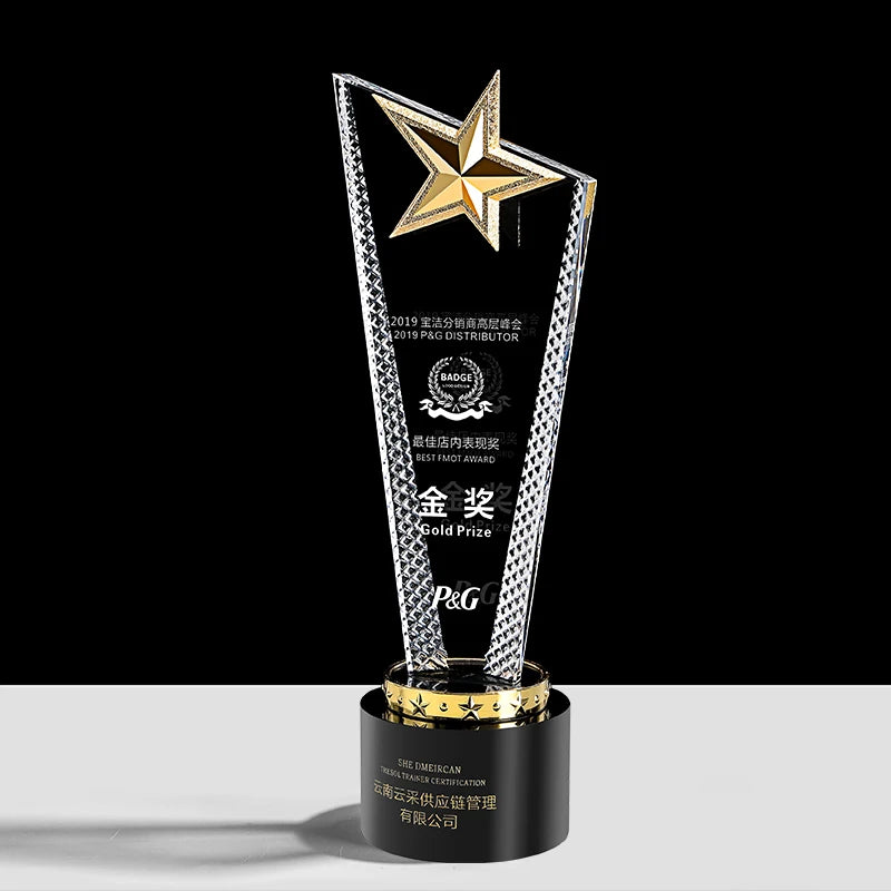 Professional Factory Wholesale Crafts Gold Metal Custom Star Crystal Trophy Award Plaque Trophy