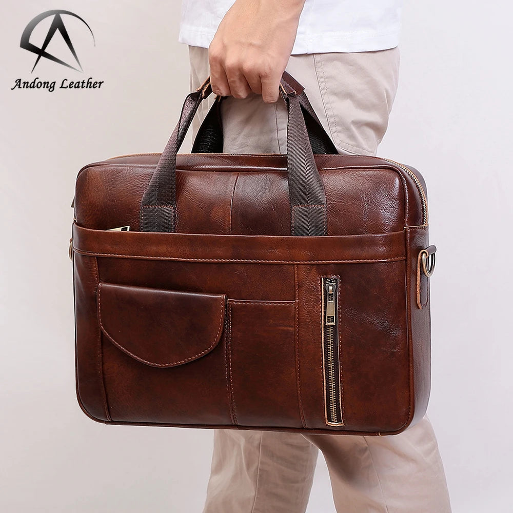 Andong Men's Briefcase Business Shoulder Bag Real Genuine Cow Leather Messenger Bags 15.6" Laptop Handbags Office Travel Retro