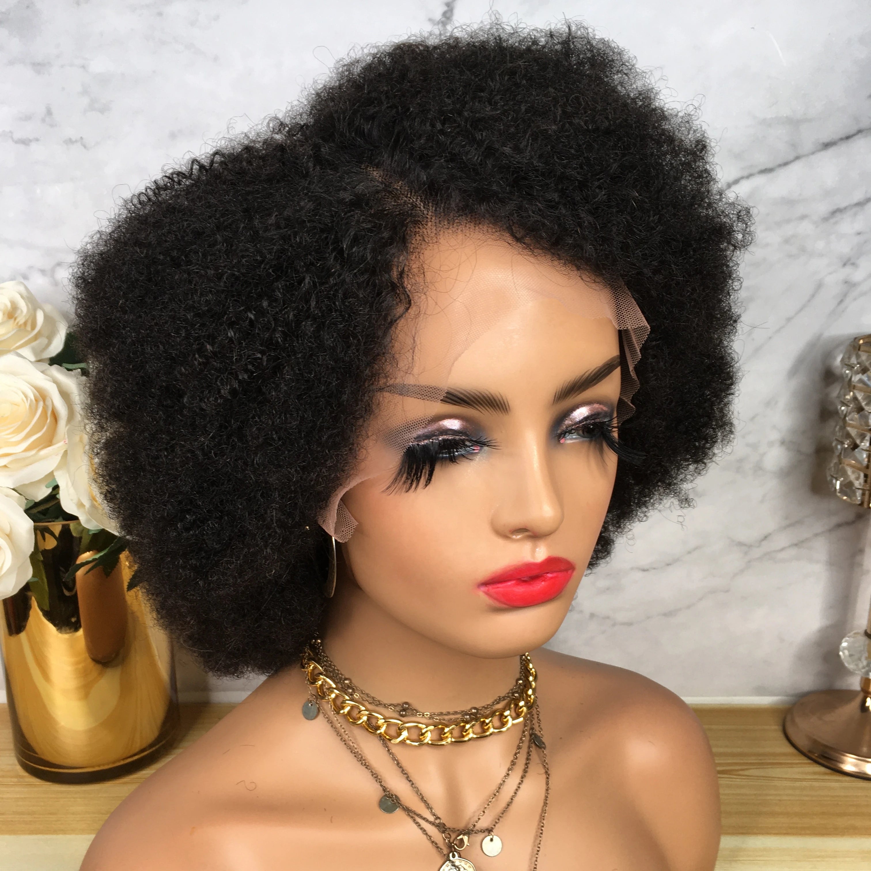 Boom 100% Unprocessed Natural Black Color Afro Kinky Curly Pre Plucked Brazilian Human Hair Lace Front Wigs