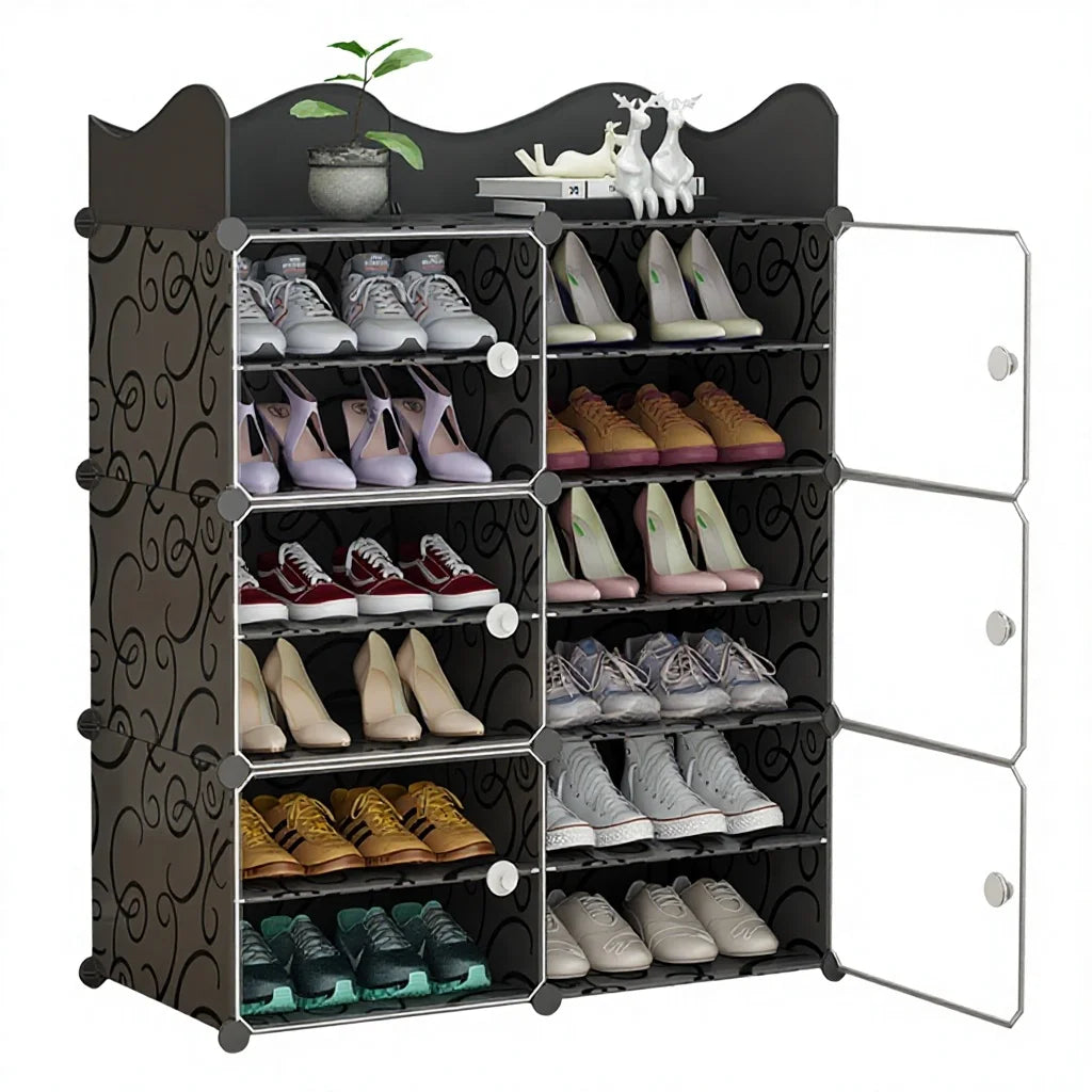 6-Tier Modern Extendable Foldable Plastic Shoe Rack with Frosted Doors for Home Hotel Mall & Apartment Living Room Furniture