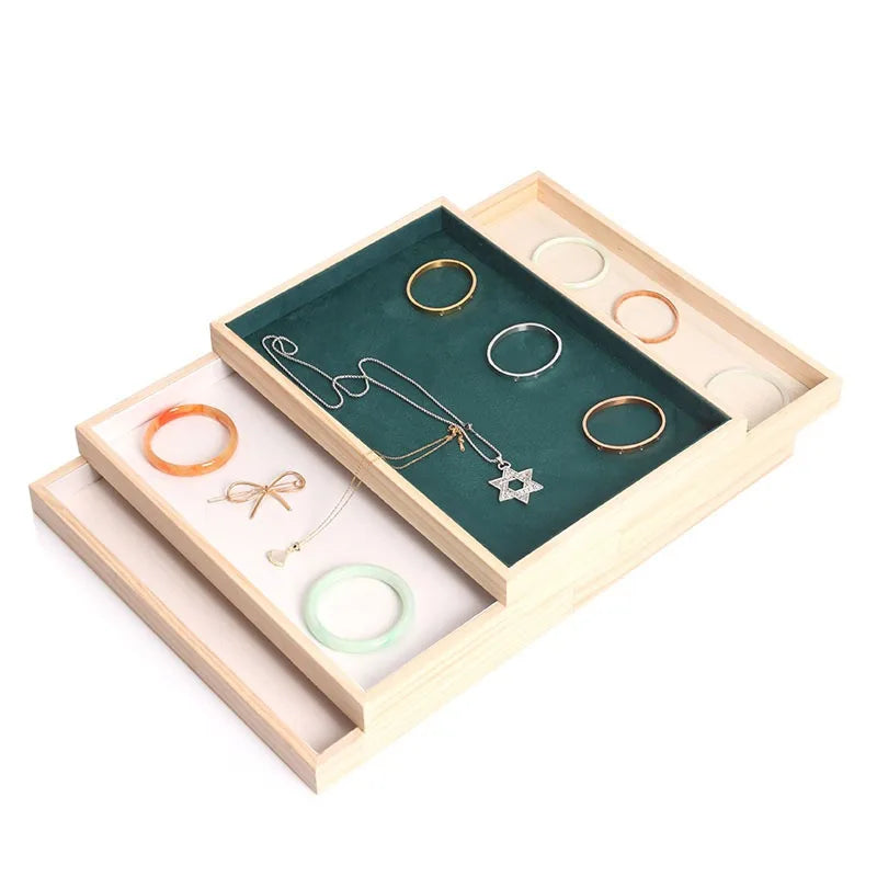 Natural Wood Gift Jewelry Storage Show Case Tray for Rings Bracelets Necklace Earrings