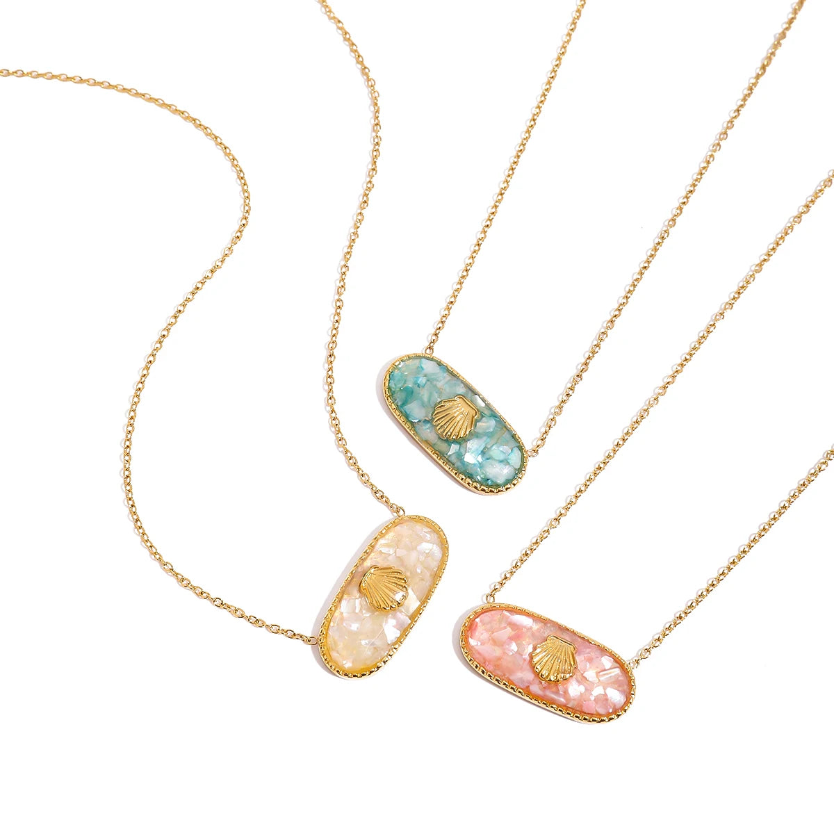 J&D Women's Jewelry 18K Gold Pleated Stainless Steel Ocean Style Necklace Colorful Drop Oil Crushed Shell Oval Pendant Necklace