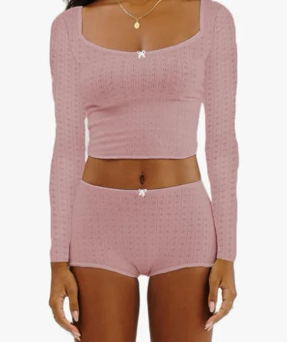 Womens Ribbed Knit Pajama Sets Long Sleeve Top and Shorts Matching Lounge Set PJ Set 2 Piece Outfits