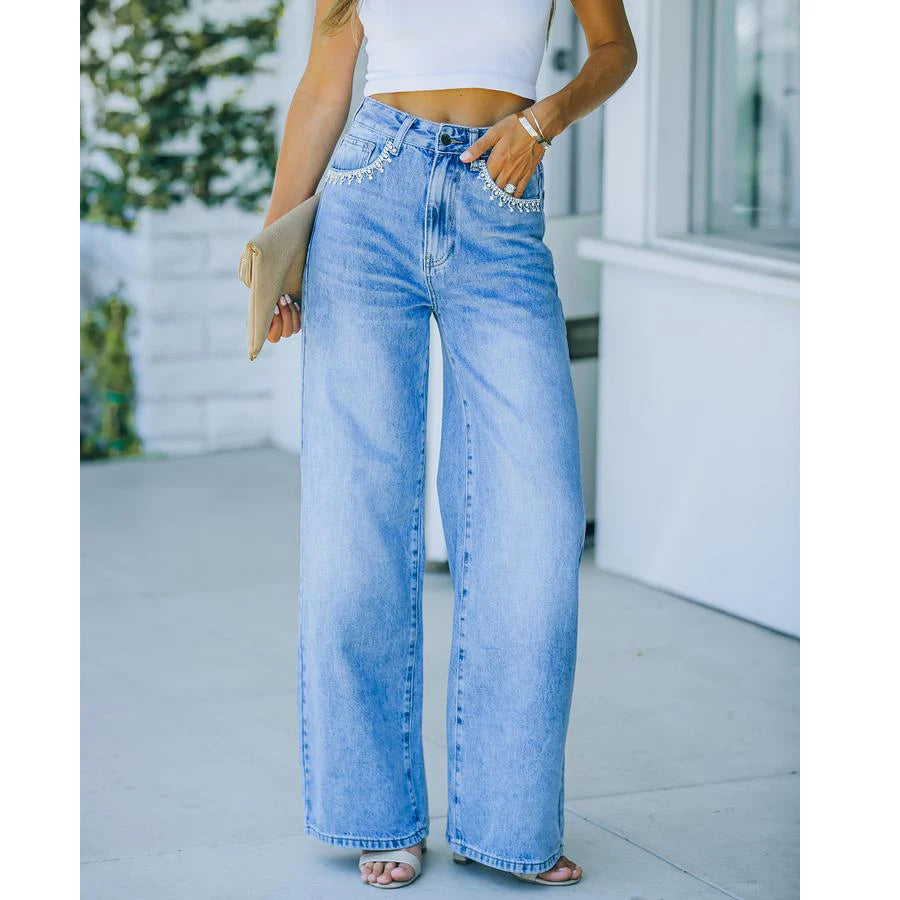 Denim Blue Mid Waist Five Pockets Straight Design Floral Lace Decoration Wide Leg Jeans Women 100% Cotton Eco-Friendly