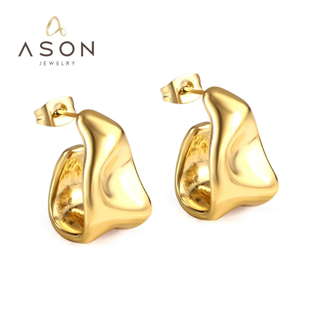 Ason New Arrival Wholesale Fashion Jewelry Exaggerated Fashion Texture Rolled Edge Metal Earrings Women Stainless Steel Earrings