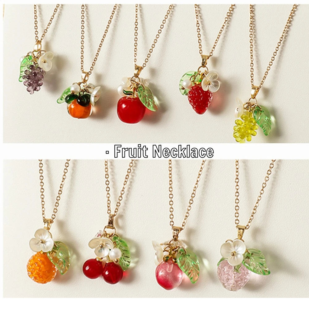 Orange Apple Strawberry Glass Beads Gold Plated Fruit Pendant Necklace Women Girls Handmade Cute Party Jewelry Gift