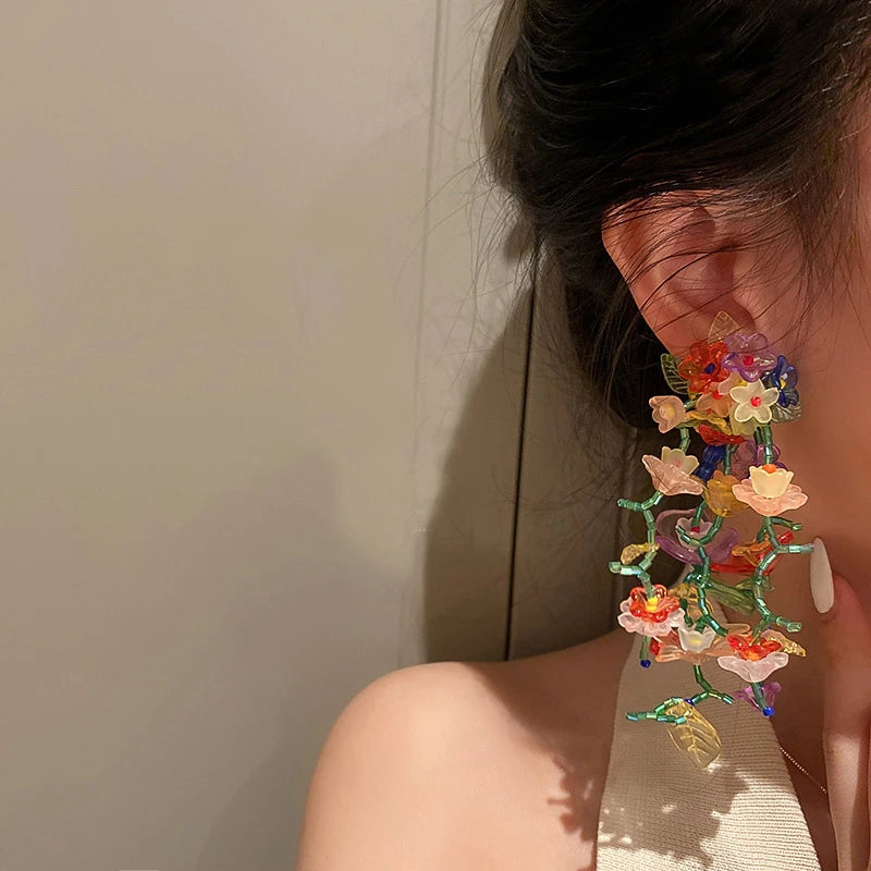 Exaggerate Acrylic Tassel Flowers Earrings Handmade Multicolor Silver Needle Big Boho Long Drop Stud Unique Acrylic Earring