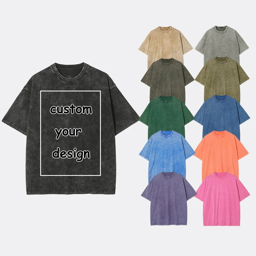 Custom Men's T-shirts Unisex DTG Print Cotton Drop Shoulder 250G Heavyweight Street Wear Oversized Vintage Acid Wash T Shirt