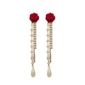 DAIHE New Arrival 925 Silver Needle Red Camellia Flower Personalized Temperament Pearl Tassel Earrings for Women