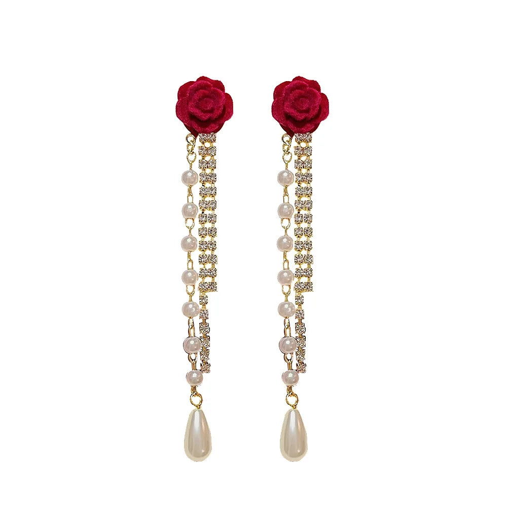 DAIHE New Arrival 925 Silver Needle Red Camellia Flower Personalized Temperament Pearl Tassel Earrings for Women