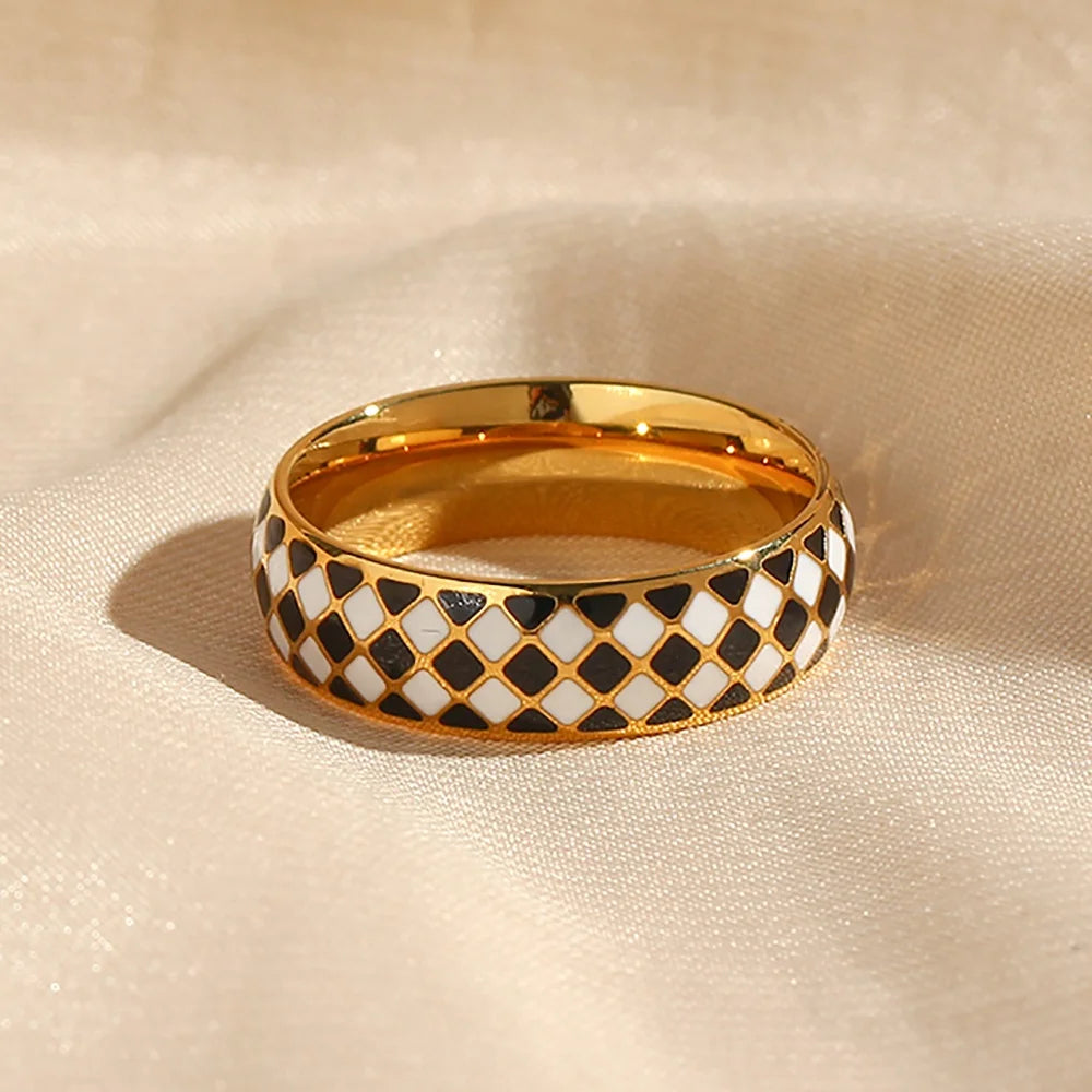 Thin Enamel Ring Black and White Checkered Enamel Gold Plated Stainless Steel Ring