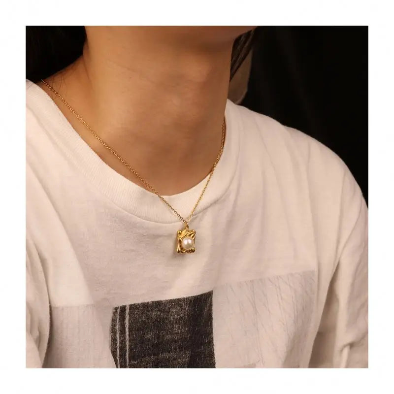 Chris April Non-tarnish 316L Stainless Steel 18K PVD Gold Plated Vintage Pearl Organic Cast square  Pendant Necklace